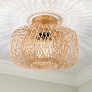 FRIDEKO HOME Woven Rattan Flush Mount Light Fixture - Boho Light Fixtures Ceiling Bedroom Ceiling Lights Flush Mount Ceiling Light for Living Room Hallway Kitchen Entryway Farmhouse