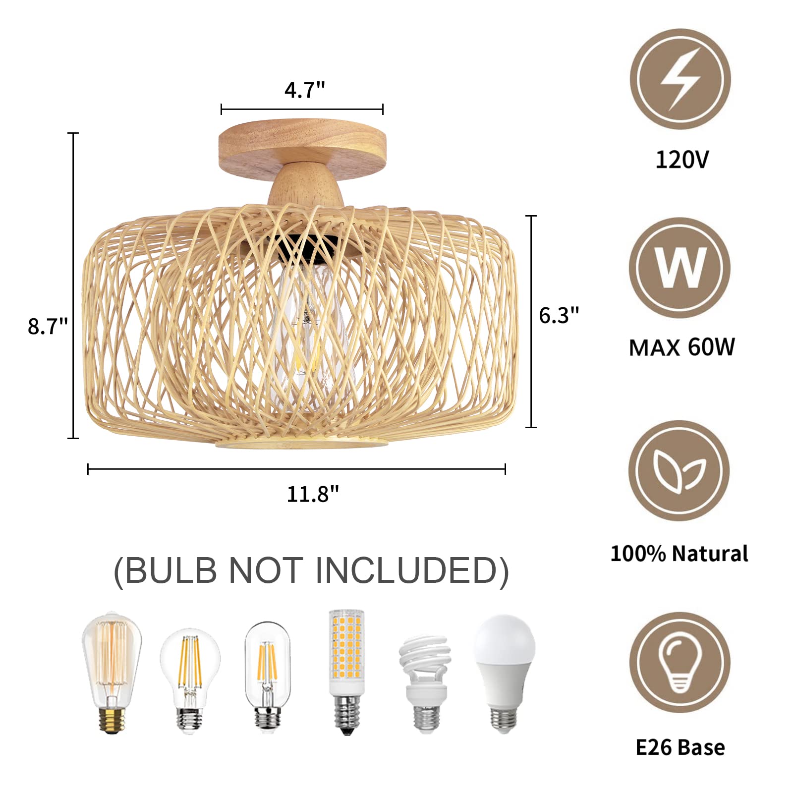 FRIDEKO HOME Woven Rattan Flush Mount Light Fixture - Boho Light Fixtures Ceiling Bedroom Ceiling Lights Flush Mount Ceiling Light for Living Room Hallway Kitchen Entryway Farmhouse