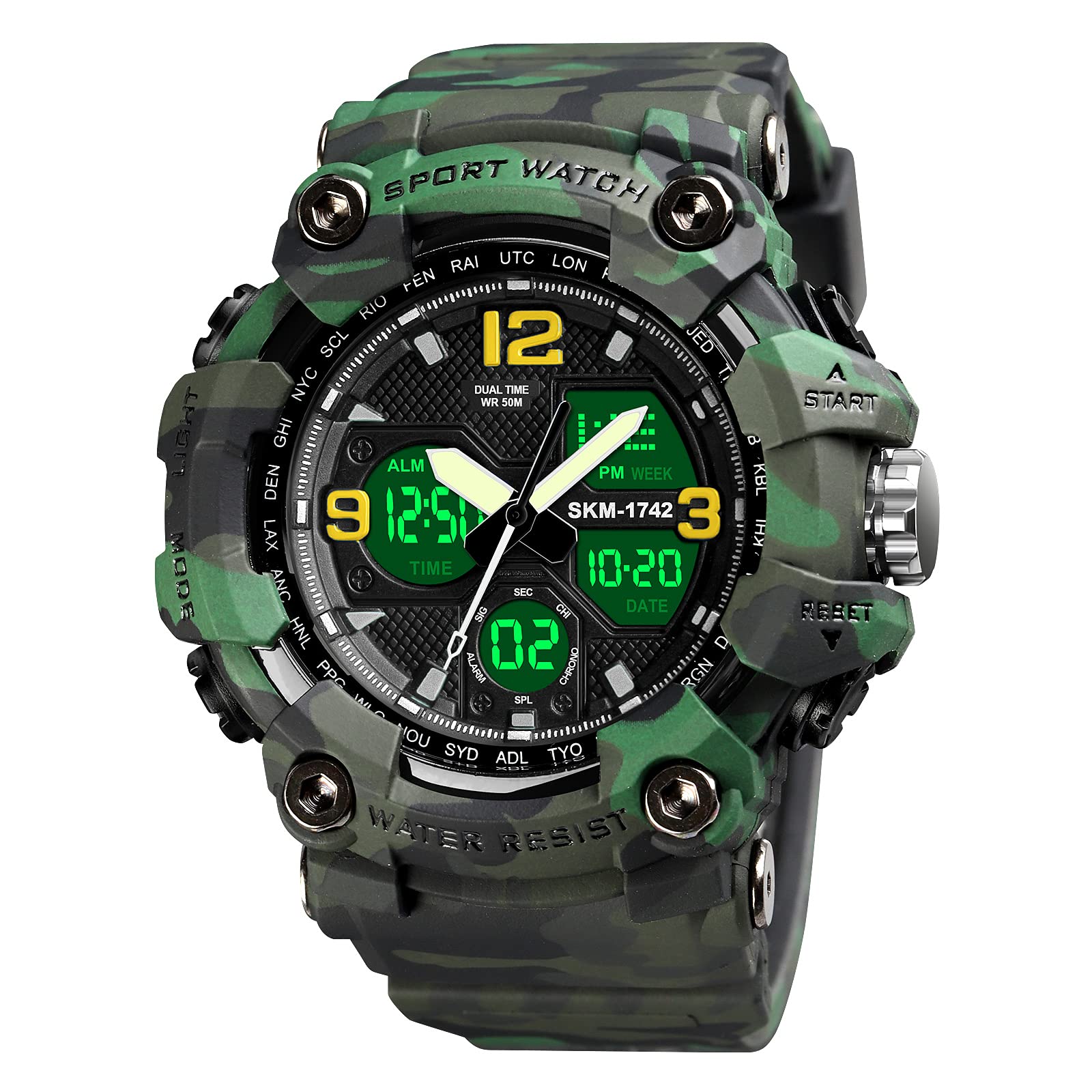 Dayllon Mens Digital Sports Watch 50M Waterproof Military Backlight Stopwatch Countdown Watches 1742 Green