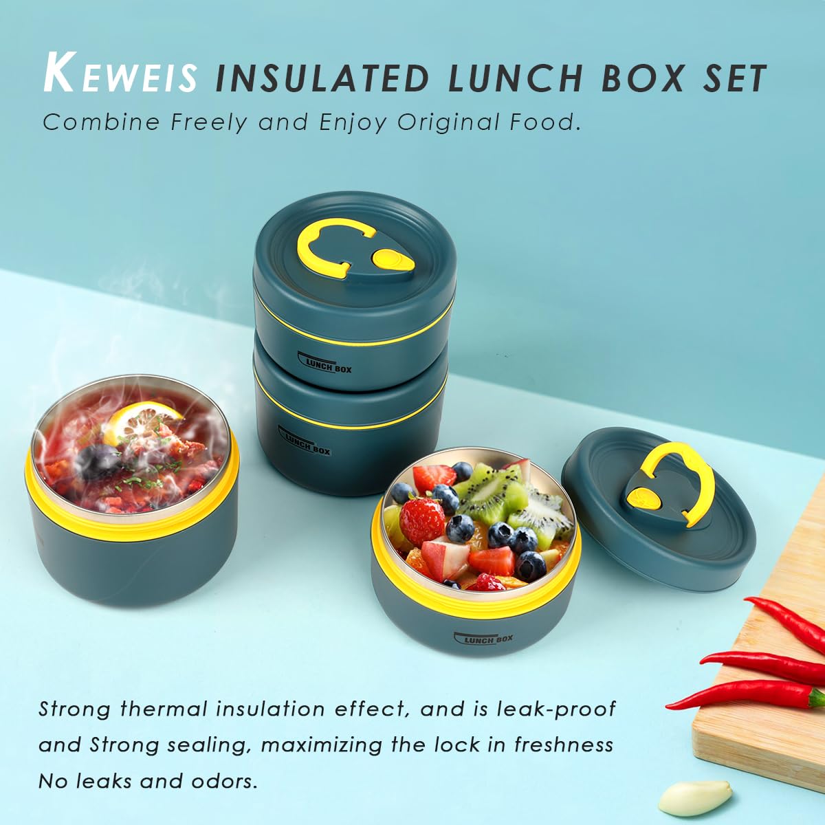 Keweis Bento Box Adult Lunch Box Set, Portable Insulated Lunch Containers with Thermal Bag, Stackable Stainless Steel Leakproof Food Containers for Adults Teens Kids, Set of 4, 68 Oz