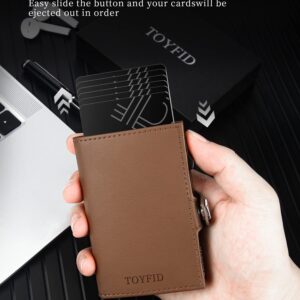 TOYFID Minimalist Wallet for Men - Pop Up Wallet Metal Card Holder Compatible with AirTag,Genuine Leather,RFID Blocking,ID Window,Slim Wallet for Cash Credit Cards (Brown)