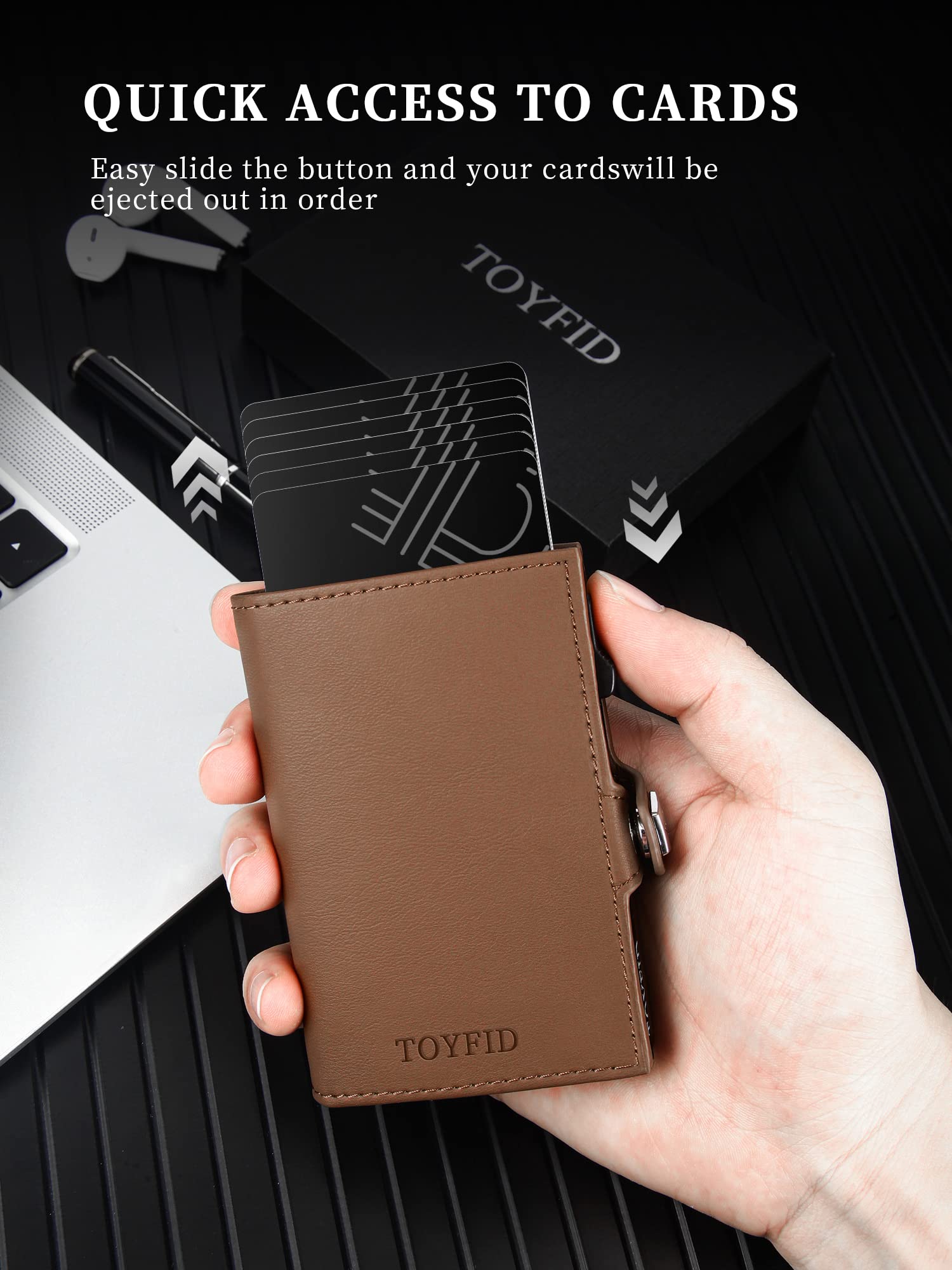 TOYFID Minimalist Wallet for Men - Pop Up Wallet Metal Card Holder Compatible with AirTag,Genuine Leather,RFID Blocking,ID Window,Slim Wallet for Cash Credit Cards (Brown)