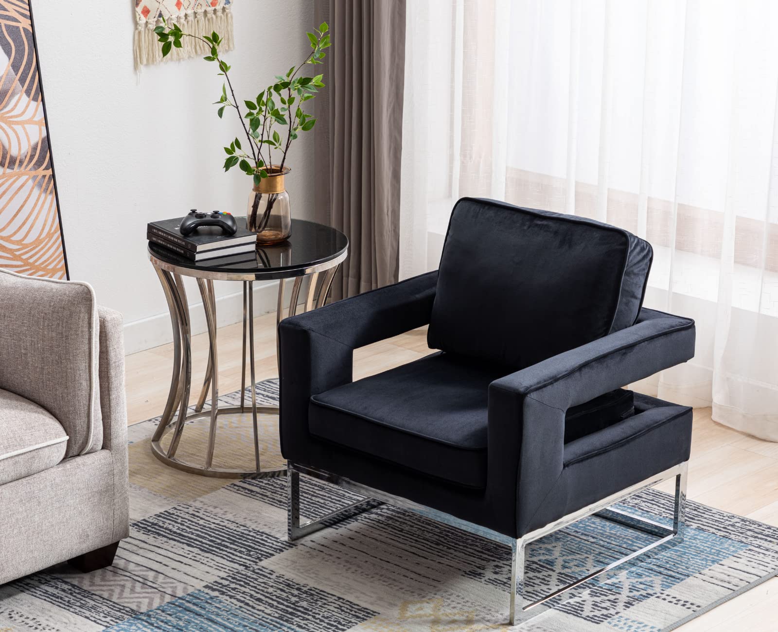 CIMOO Velvet Accent Chair Set of 2 with Back for Living Room, Modern Armchair for Bedroom Tufted Single Sofa Chair Upholstered Comfy Reading Chair Extra Wide Arm Chair with Sliver Legs, Black