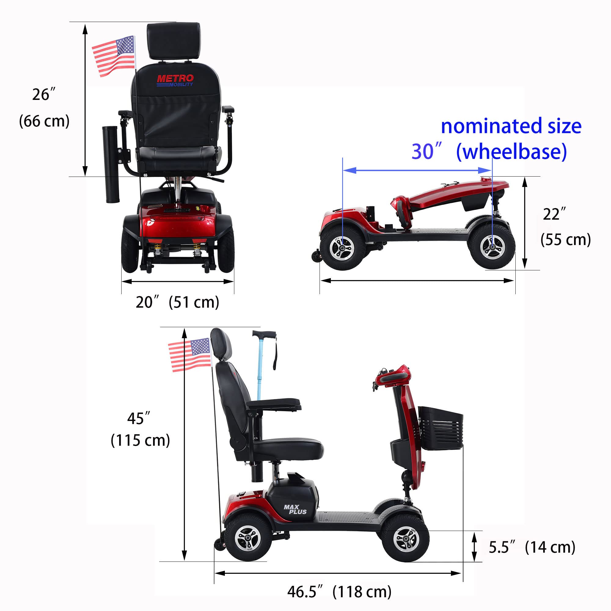 Xmatch 4-Wheel Metro Mobility Scooter Battery Powered with Front Basket Compact Foldable Seat (Red, WB30" Wind Guard & Suspension)