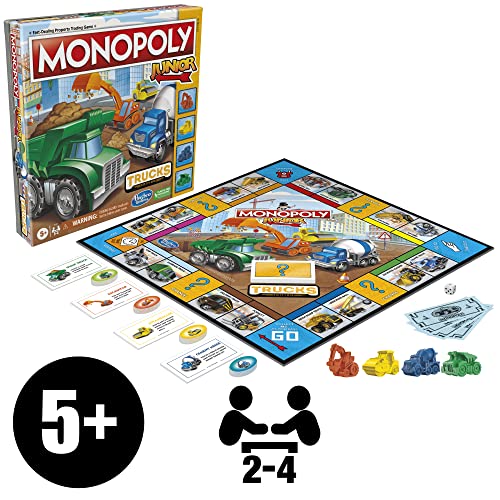 Hasbro Gaming Monopoly Junior Trucks Edition Board Game for Kids Ages 5+, 2-4 Player Kids Games