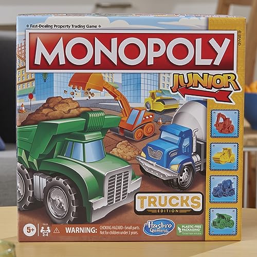 Hasbro Gaming Monopoly Junior Trucks Edition Board Game for Kids Ages 5+, 2-4 Player Kids Games