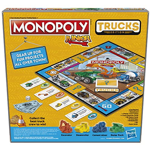 Hasbro Gaming Monopoly Junior Trucks Edition Board Game for Kids Ages 5+, 2-4 Player Kids Games