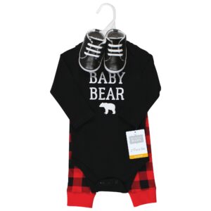 Hudson Baby Cotton Bodysuit, Pant and Shoe Set, Buffalo Plaid Baby Bear, 3-6 Months