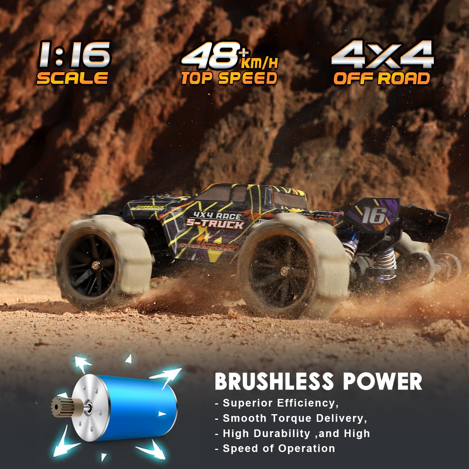 HAIBOXING Brushless RC Car 16890A 1/16 Scale 4X4 Fast Remote Control Truck 48 KM/H Top Speed, Hobby RC Cars for Adults and Boys All Terrain Off-Road Truck with Spare Paddle Tires for Sand Land