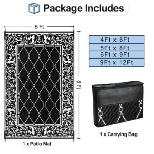 OutdoorLines Indoor Outdoor Rugs for Patio 5x8 ft - Reversible Outside Carpet, Stain & UV Resistant Portable RV Mats, Plastic Straw Rug for Camping, Pool Deck, Porch Rhombus Black & White