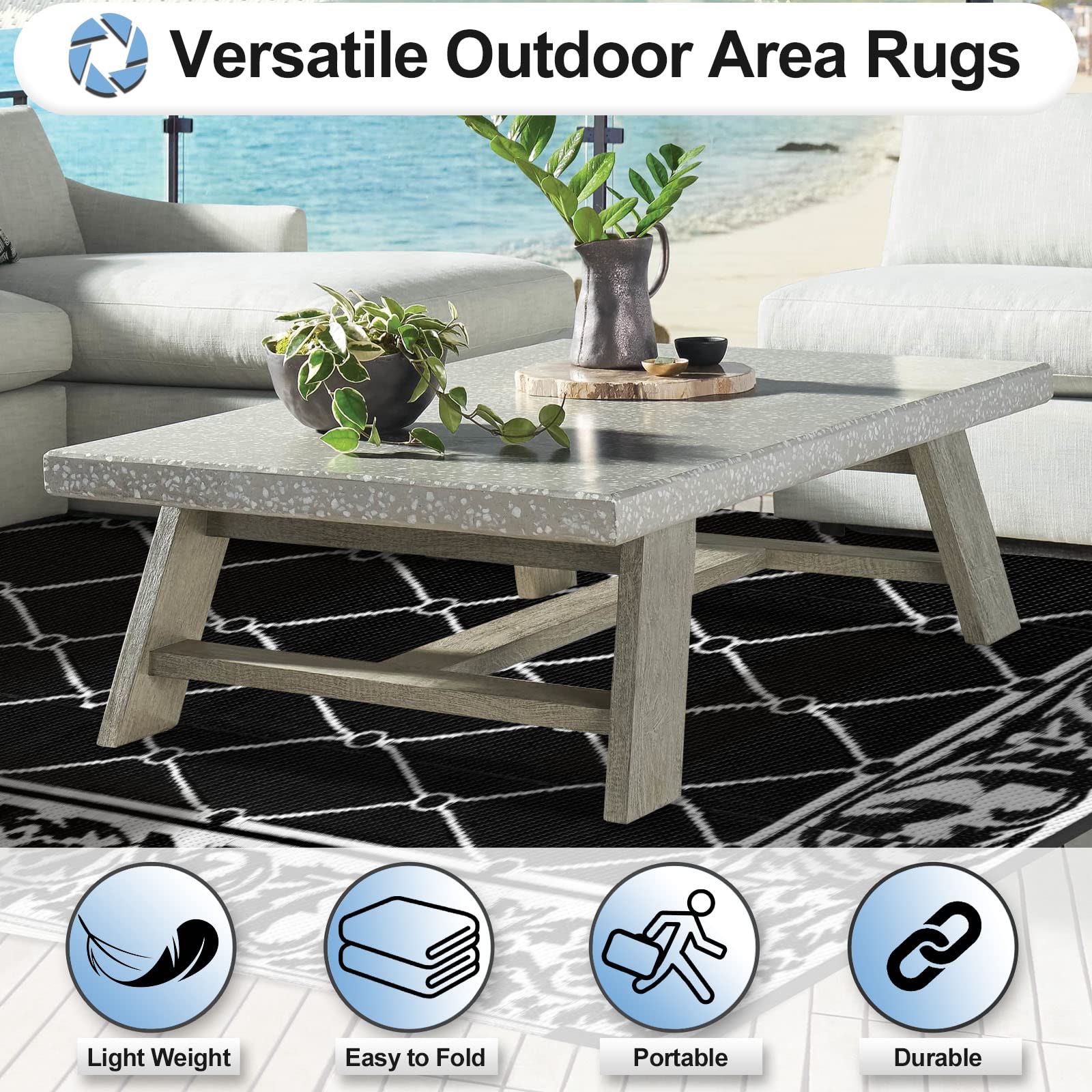 OutdoorLines Indoor Outdoor Rugs for Patio 5x8 ft - Reversible Outside Carpet, Stain & UV Resistant Portable RV Mats, Plastic Straw Rug for Camping, Pool Deck, Porch Rhombus Black & White