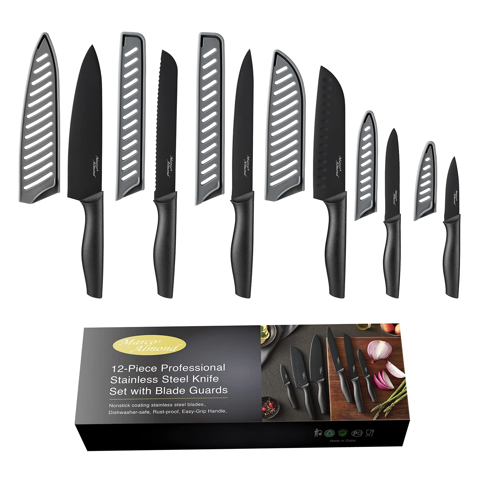 Marco Almond Kitchen Knife Set, KYA38 12-Piece Kitchen Knives Set with Covers, 6 Knives with 6 Blade Guards, Stainless Steel Cooking Knives Set for Kitchen, Black