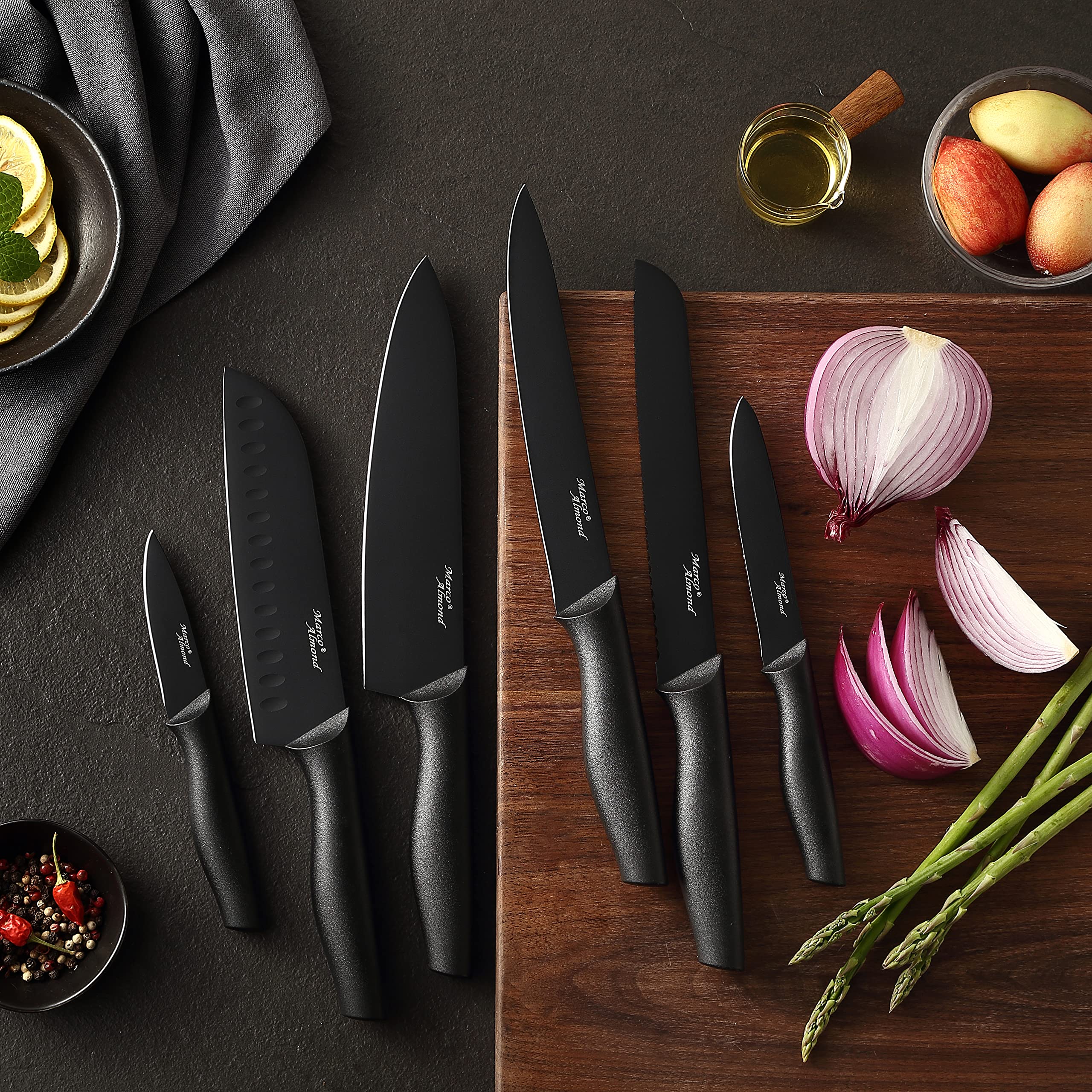 Marco Almond Kitchen Knife Set, KYA38 12-Piece Kitchen Knives Set with Covers, 6 Knives with 6 Blade Guards, Stainless Steel Cooking Knives Set for Kitchen, Black