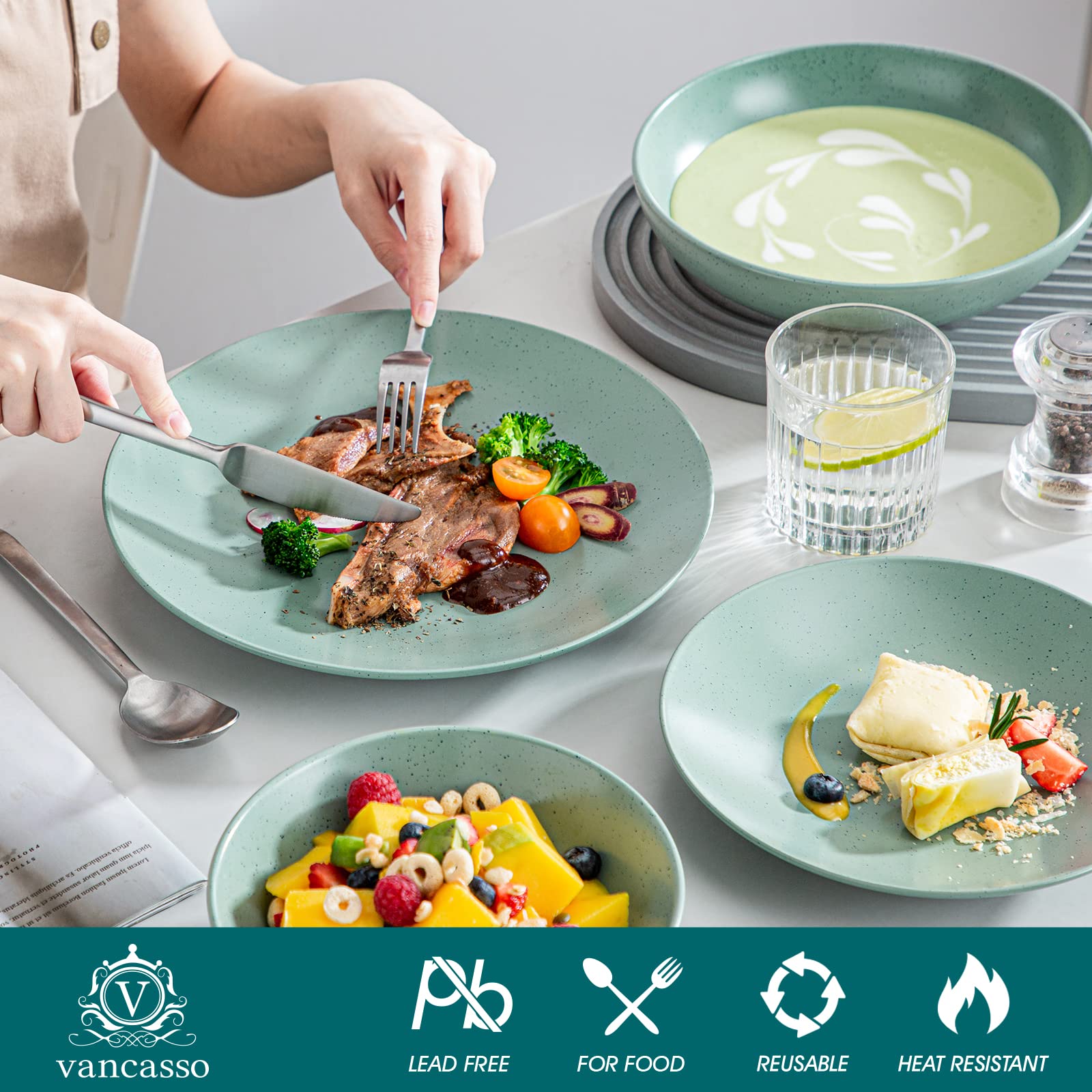 vancasso Sabine 16-Piece Dinnerware Set, Stoneware Semi-matte Kitchen Plates and Bowls Sets, Service for 4, with Dinner Plates, Dessert Plates, Pasta Bowls and Cereal Bowls, Microwave Safe, Turquoise