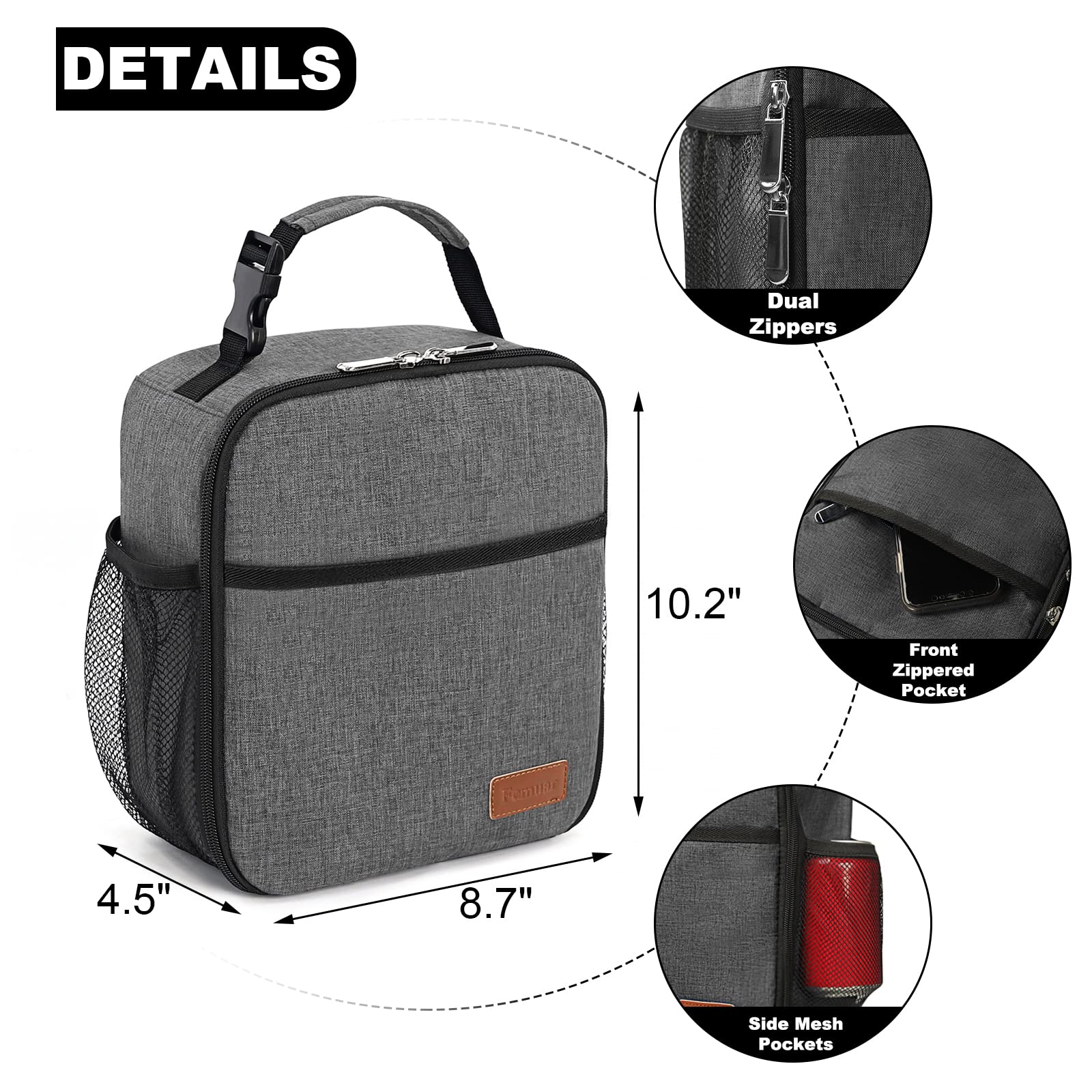 Femuar Lunch Box for Men Women Adults, Small Lunchbox for Work Picnic - Reusable Lunch bag Portable Lunch tote, Charcoal Grey