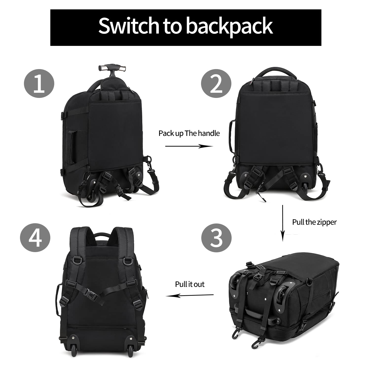 Asenlin 40L Rolling Backpack for Travel，Water Resistant Wheeled Laptop Backpack for Business，Fits 15.6-17 Inch Notebook，Durable Roller Computer Backpack for Women Men，Black