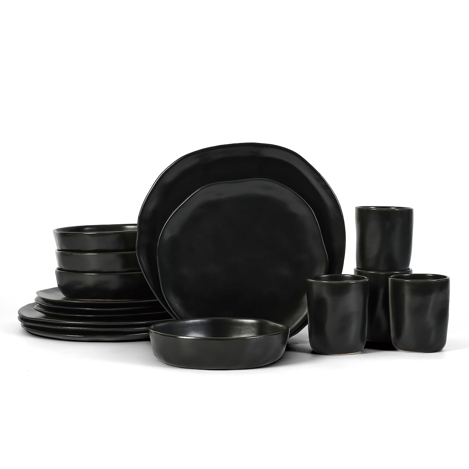 Stone by Mercer Project HEKONDA Modern Stoneware 16-Piece Dinnerware Set, Plate and Bowl Set, Dish Set for 4, Black