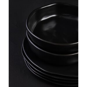 Stone by Mercer Project HEKONDA Modern Stoneware 16-Piece Dinnerware Set, Plate and Bowl Set, Dish Set for 4, Black