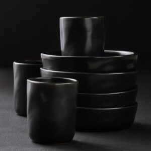 Stone by Mercer Project HEKONDA Modern Stoneware 16-Piece Dinnerware Set, Plate and Bowl Set, Dish Set for 4, Black