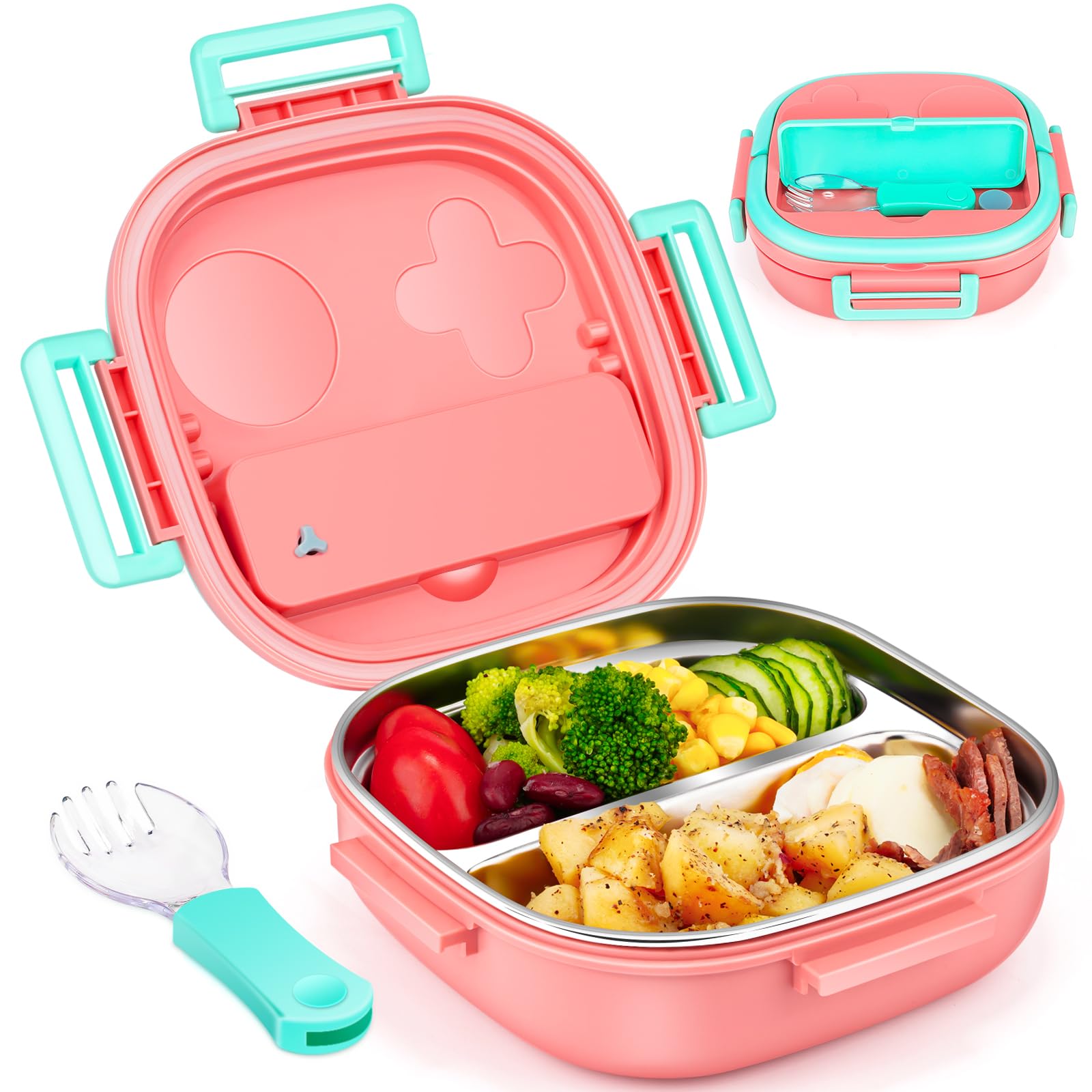 PEDECO Small Stainless Steel Kid Bento Box,Leak-Proof,2-Compartment,Lunch Box with Portable Cutlery-Ideal Portion Size for Kids/Toddler-BPA-Free(Pink)