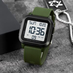 Forrader Mens Sport Digital Watches, Waterproof Outdoor Sport Watch with LED Backlight/Alarm/Countdown Timer/Dual Time/Stopwatch/12/24H Wrist Watches for Men Women Teenager, White/Green, strap