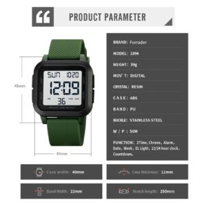 Forrader Mens Sport Digital Watches, Waterproof Outdoor Sport Watch with LED Backlight/Alarm/Countdown Timer/Dual Time/Stopwatch/12/24H Wrist Watches for Men Women Teenager, White/Green, strap