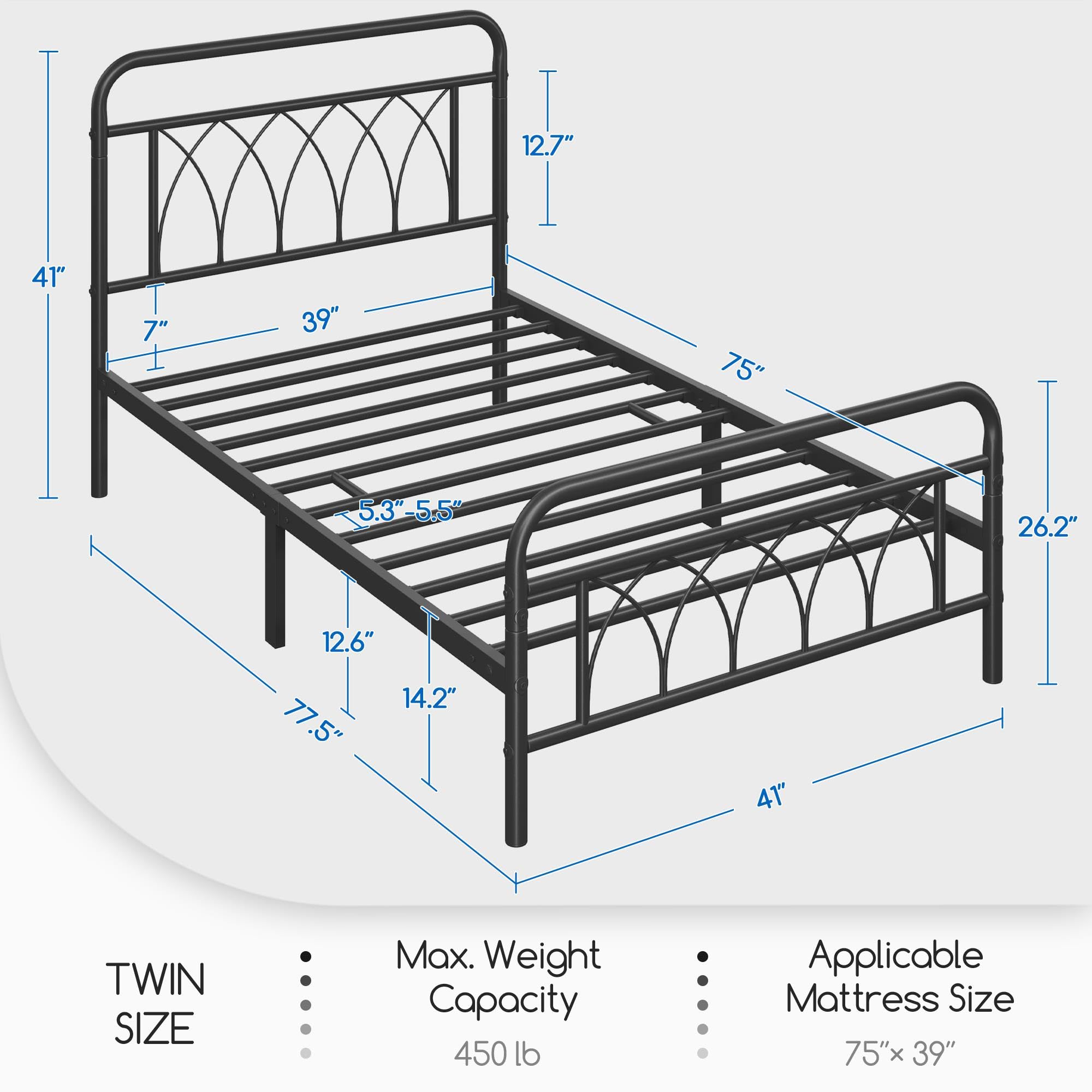 Yaheetech Twin Bed Frame Metal Platform Bed with Petal Accented Headboard/Footboard/14.4 Inch Under Bed Storage/No Box Spring Needed,Black