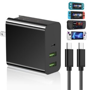 usb c charger for steam deck/oled & ps portal & rog ally, 65w 45w 3 port fast pd foldable power adapter for stream deck with 6.6ft type-c cable, travel charger for switch/xbox/ps5/tablet/laptop/phone