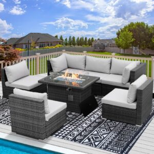 radiata pe wicker patio furniture set sectional high back large size sofa sets with propane fire pit table 55000 btu balcony rattan lounge conversation sets for outdoor (7 pieces,light gray)