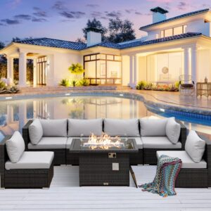 RADIATA PE Wicker Patio Furniture Set Sectional High Back Large Size Sofa Sets with Propane Fire Pit Table 55000 BTU Balcony Rattan Lounge Conversation Sets for Outdoor (7 Pieces,Light Gray)