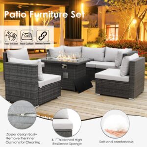 RADIATA PE Wicker Patio Furniture Set Sectional High Back Large Size Sofa Sets with Propane Fire Pit Table 55000 BTU Balcony Rattan Lounge Conversation Sets for Outdoor (7 Pieces,Light Gray)