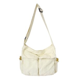 klaoyer canvas messenger bag large hobo bag crossbody shoulder bag tote bag with pocket for women and men (white)