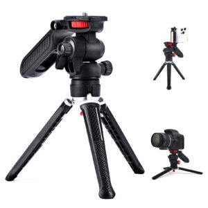 goocong mini tripod for camera, small camera stand tripod phone holder for video recording vlogging handle grip with cell phone mount, cold shoe selfie stick for iphone webcam projector camera