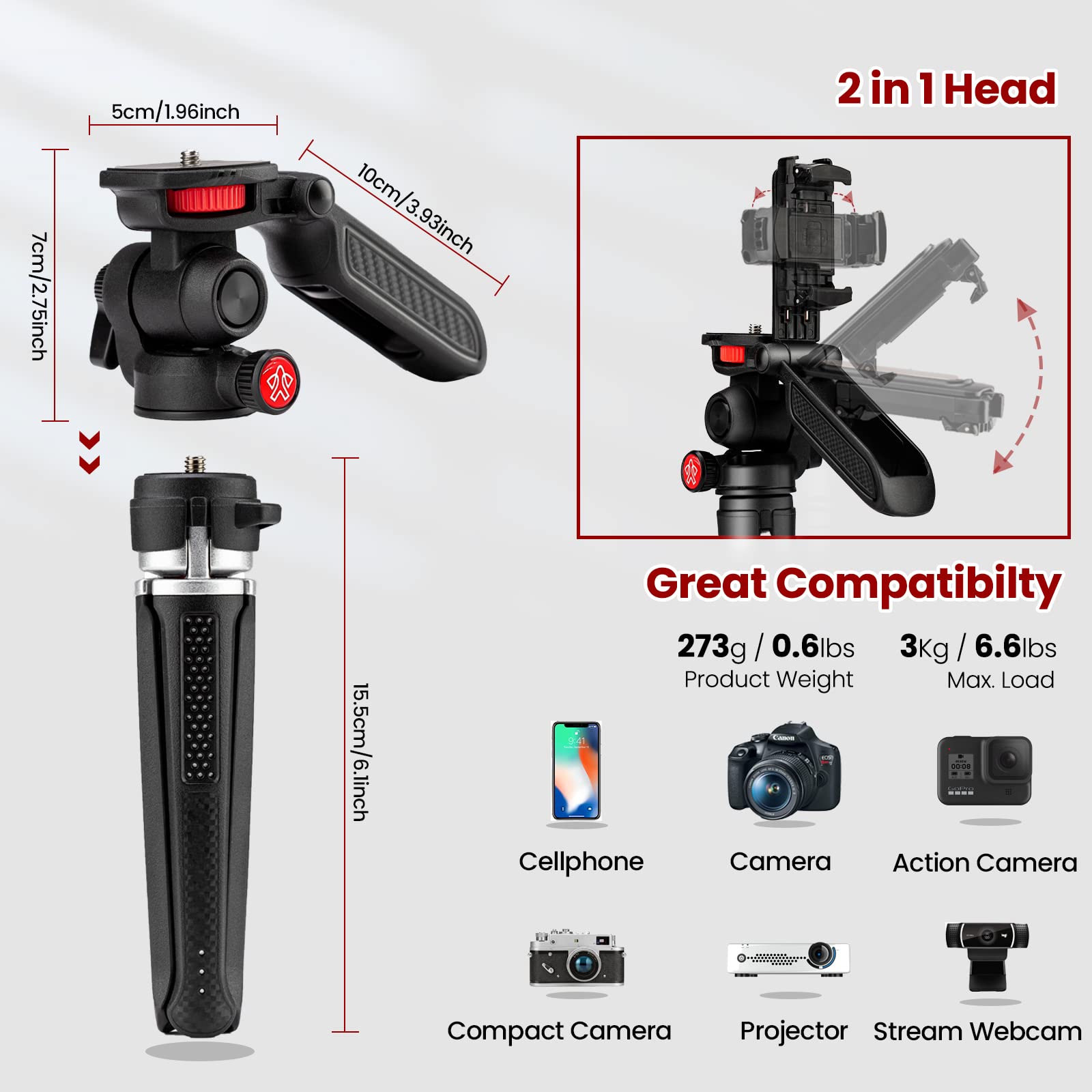 Goocong Mini Tripod for Camera, Small Camera Stand Tripod Phone Holder for Video Recording Vlogging Handle Grip with Cell Phone Mount, Cold Shoe Selfie Stick for iPhone Webcam Projector Camera