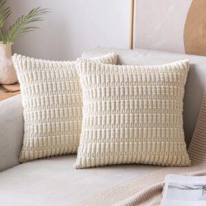 miulee pack of 2 corduroy decorative throw pillow covers 18x18 inch soft boho striped pillow covers modern farmhouse home decor for spring sofa living room couch bed cream white