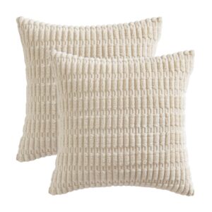 MIULEE Pack of 2 Corduroy Decorative Throw Pillow Covers 18x18 Inch Soft Boho Striped Pillow Covers Modern Farmhouse Home Decor for Spring Sofa Living Room Couch Bed Cream White