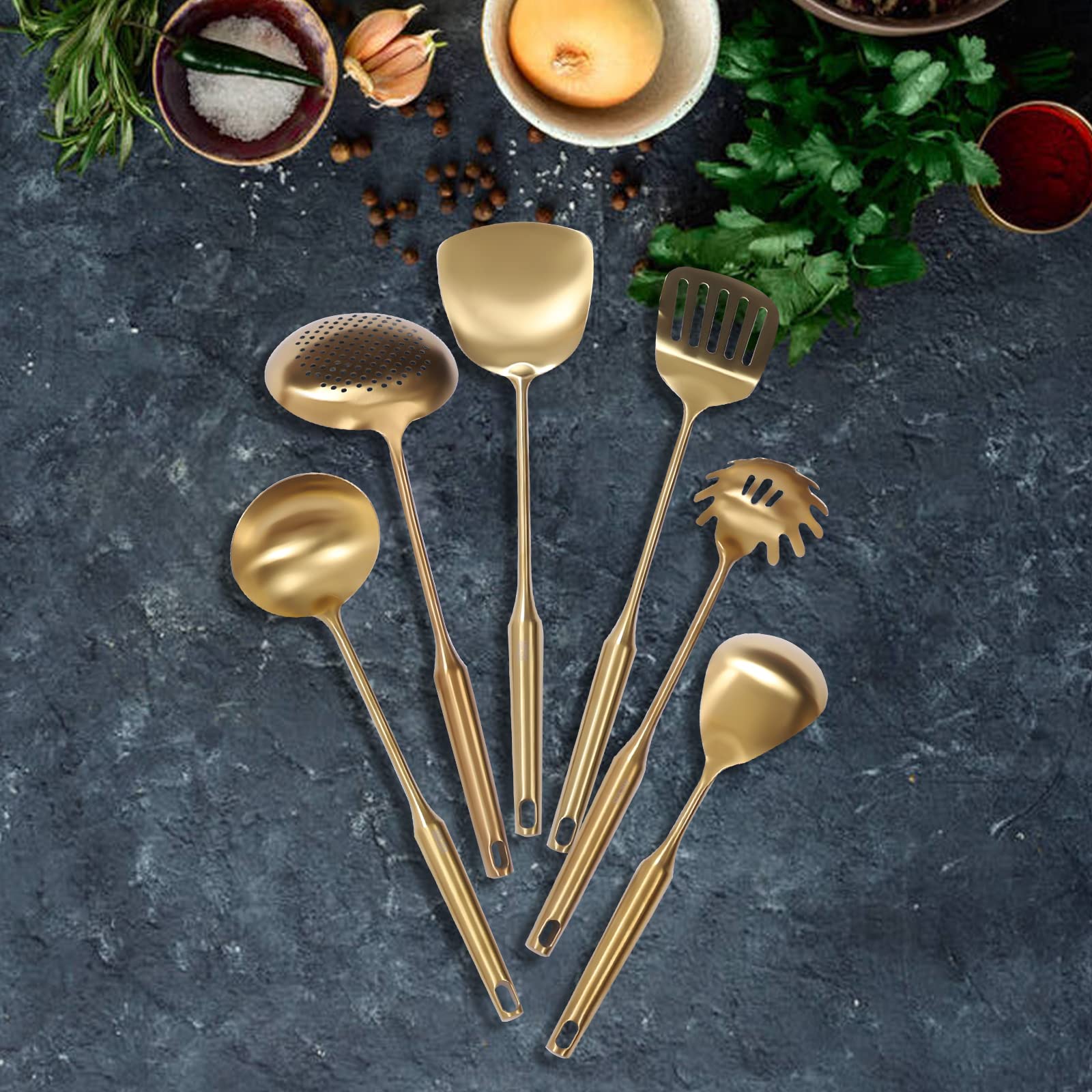 Golden Utensils Set with Stand, Stainless Steel Kitchen Cooking Spoons, Ladle Skimmer Spoons Utensil Sets,7PCS Cooking Spoon,Dishwasher Safe,Frying & Grilling Cookware Tools