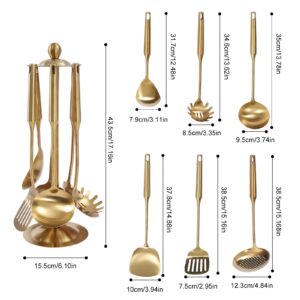 Golden Utensils Set with Stand, Stainless Steel Kitchen Cooking Spoons, Ladle Skimmer Spoons Utensil Sets,7PCS Cooking Spoon,Dishwasher Safe,Frying & Grilling Cookware Tools