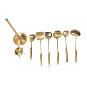 Golden Utensils Set with Stand, Stainless Steel Kitchen Cooking Spoons, Ladle Skimmer Spoons Utensil Sets,7PCS Cooking Spoon,Dishwasher Safe,Frying & Grilling Cookware Tools