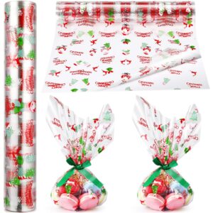 STOBOK Christmas Cellophane Wrap Roll: Unfolded Width 32 X 100FT Santa Claus Pattern Clear Paper Wrapper Transparent Gift Wrapping Packing Paper for Flower Basket Xmas, 3 Mil Thicken