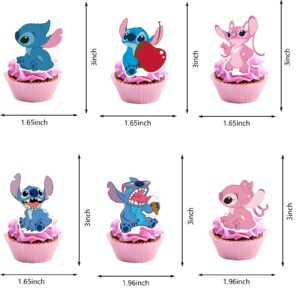 48 Pcs Pink Stitch Party Cupcake Toppers, Pink Girl Stitch Birthday Party Decorations