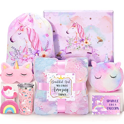 Tiblue Unicorn Toys for Girls Age 4-6, Preschool Kindergarten Back to School Gift Unicorn Birthday Gifts for 4 5 6 7 8 9 10 11 12 Year Old Toddler Teen Girl with Glow in The Dark Blanket Cup Bag Purse