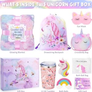 Tiblue Unicorn Toys for Girls Age 4-6, Preschool Kindergarten Back to School Gift Unicorn Birthday Gifts for 4 5 6 7 8 9 10 11 12 Year Old Toddler Teen Girl with Glow in The Dark Blanket Cup Bag Purse