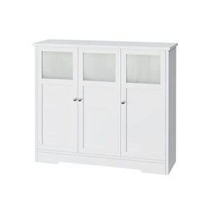 FOTOSOK Display Floor Cabinets with 3 Glass Doors For Storage, 15.75" D x 43" W x 37.5" H, Sideboard Buffet / Coffee Bar Cabinet for Kitchen, Dining Room, Living Room White