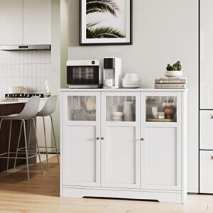 FOTOSOK Display Floor Cabinets with 3 Glass Doors For Storage, 15.75" D x 43" W x 37.5" H, Sideboard Buffet / Coffee Bar Cabinet for Kitchen, Dining Room, Living Room White