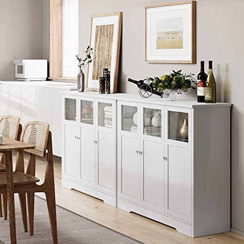 FOTOSOK Display Floor Cabinets with 3 Glass Doors For Storage, 15.75" D x 43" W x 37.5" H, Sideboard Buffet / Coffee Bar Cabinet for Kitchen, Dining Room, Living Room White