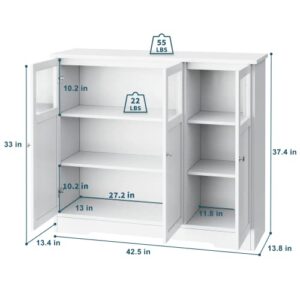 FOTOSOK Display Floor Cabinets with 3 Glass Doors For Storage, 15.75" D x 43" W x 37.5" H, Sideboard Buffet / Coffee Bar Cabinet for Kitchen, Dining Room, Living Room White