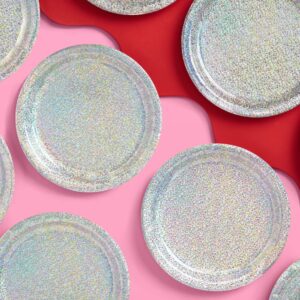 xo, Fetti Holographic Foil Plates - 25 pack | Happy Birthday Party Decorations, Holiday Party, Cool Cake Plates, Silver Bachelorette Disposable Party Plates