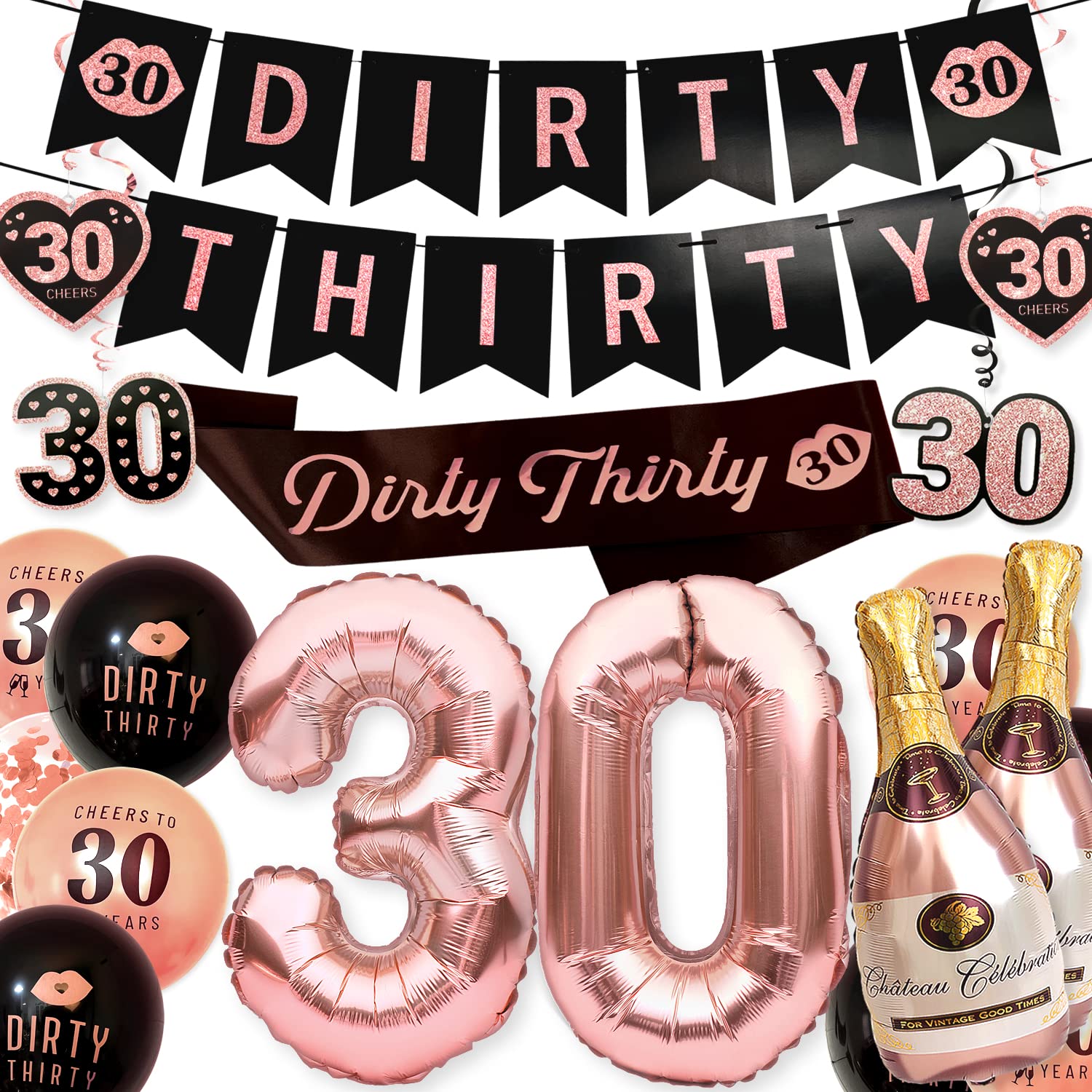 PartyForever 30th Birthday Party Decorations Banner Kit For Women Including Dirty Thirty Black and Rose Gold Banner for Her with Dirty 30 Balloons