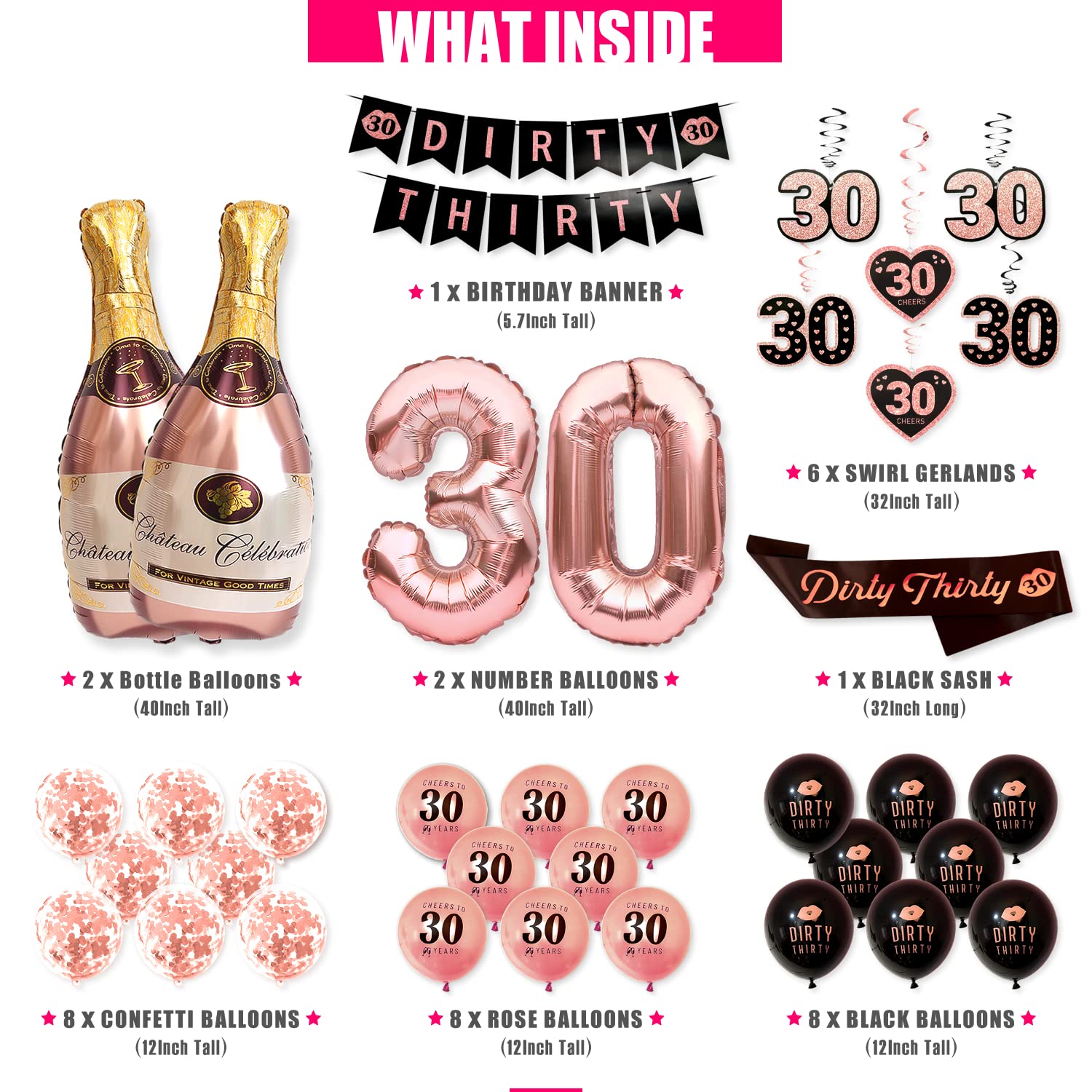 PartyForever 30th Birthday Party Decorations Banner Kit For Women Including Dirty Thirty Black and Rose Gold Banner for Her with Dirty 30 Balloons